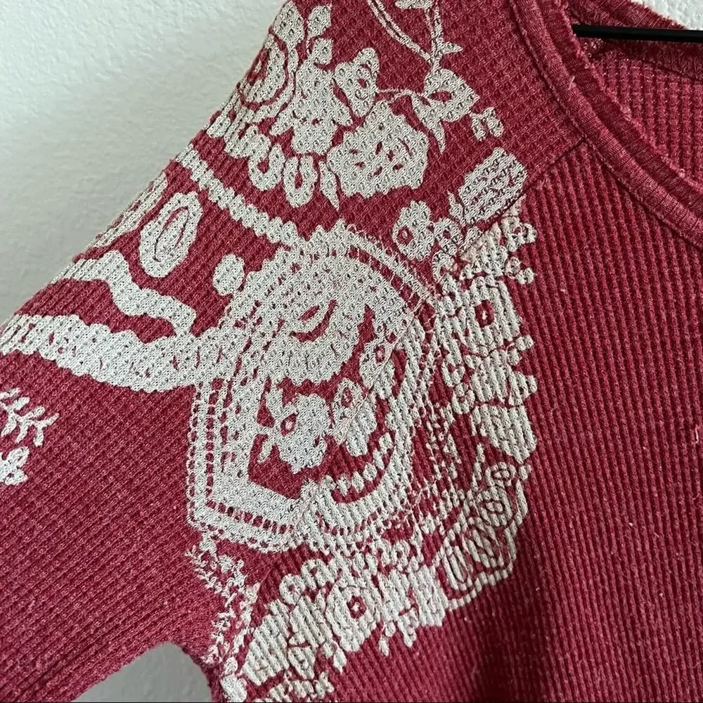 We the Free Free People Thermal Red Cream Long Sleeve Boho Small - Picture 2 of 9